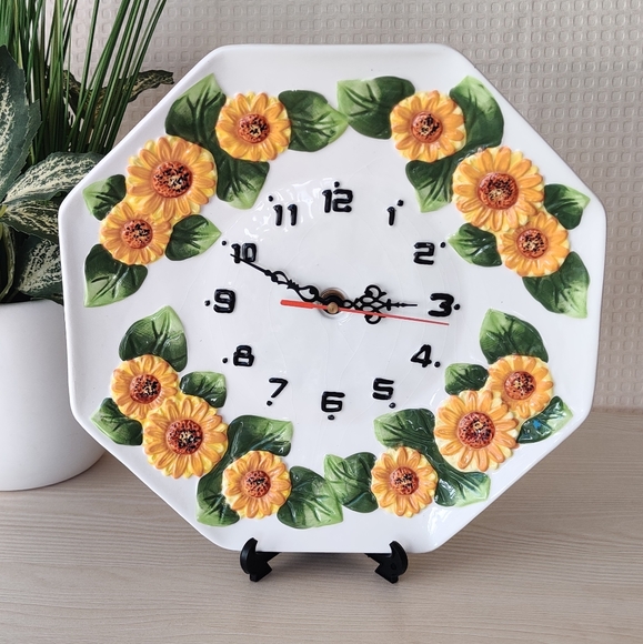 Vintage Fine Ceramic Octagon Shaped Sunflower Clock - Picture 1 of 6